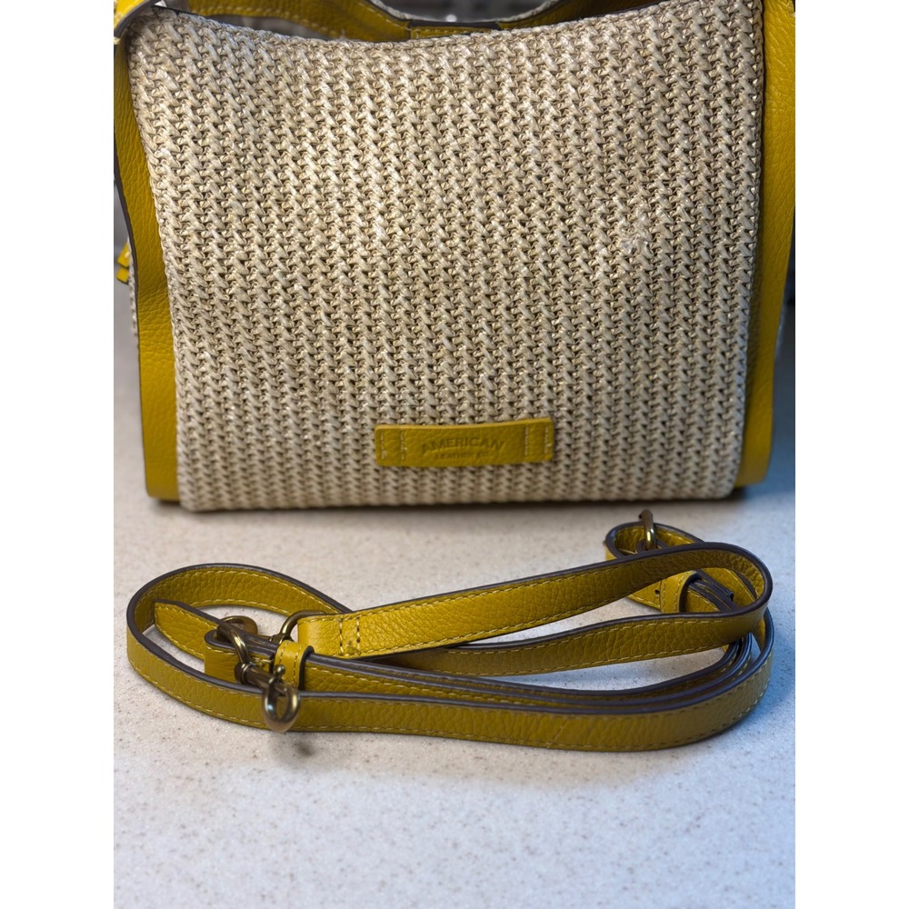American Leather Co Crossbody Bag Yellow Straw Leather Trim Satchel Handbag - Picture 3 of 10